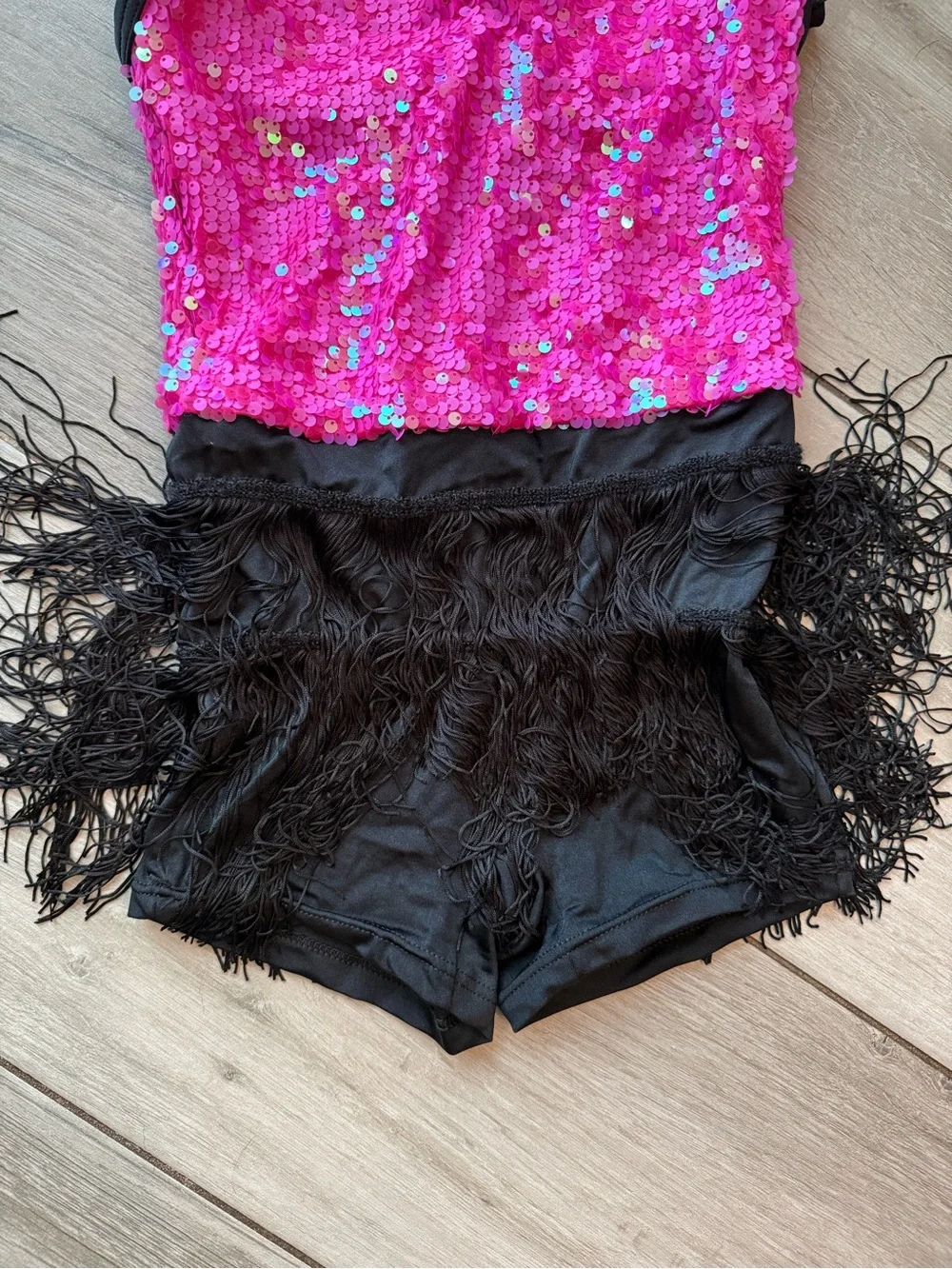 Weissman Hot Pink Sequin Dance Costume with Black Fringe